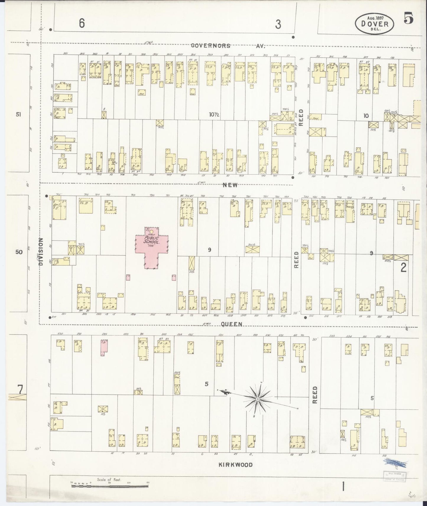 Sanborn Fire Insurance Map from Dover, Kent County, Delaware (1897), Sheet #0005 - Historic Sanborn Fire Insurance Map Print, vintage old map wall art, antique decor, genealogy gift, Delaware Delaware map