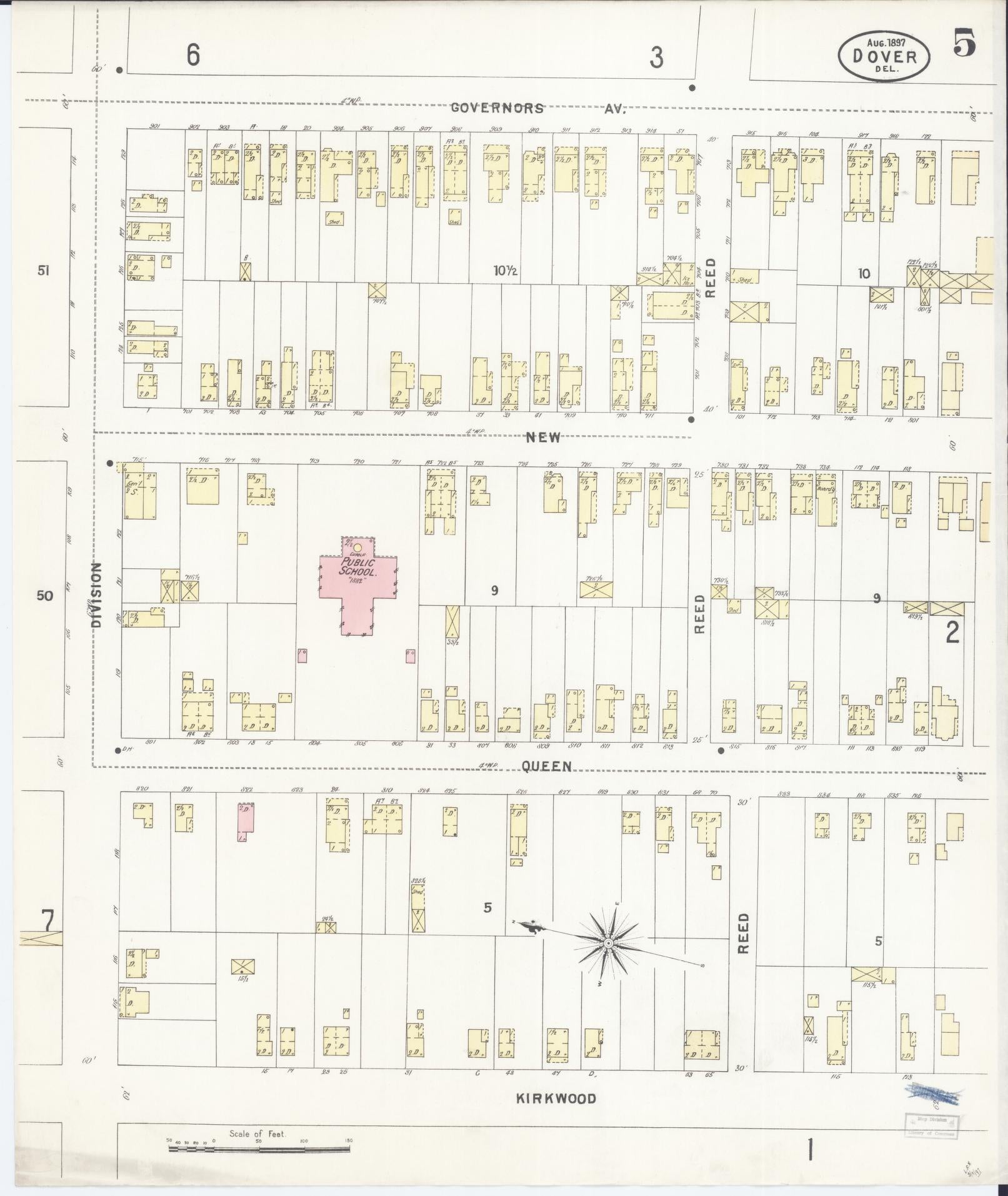 Sanborn Fire Insurance Map from Dover, Kent County, Delaware (1897), Sheet #0005 - Historic Sanborn Fire Insurance Map Print, vintage old map wall art, antique decor, genealogy gift, Delaware Delaware map