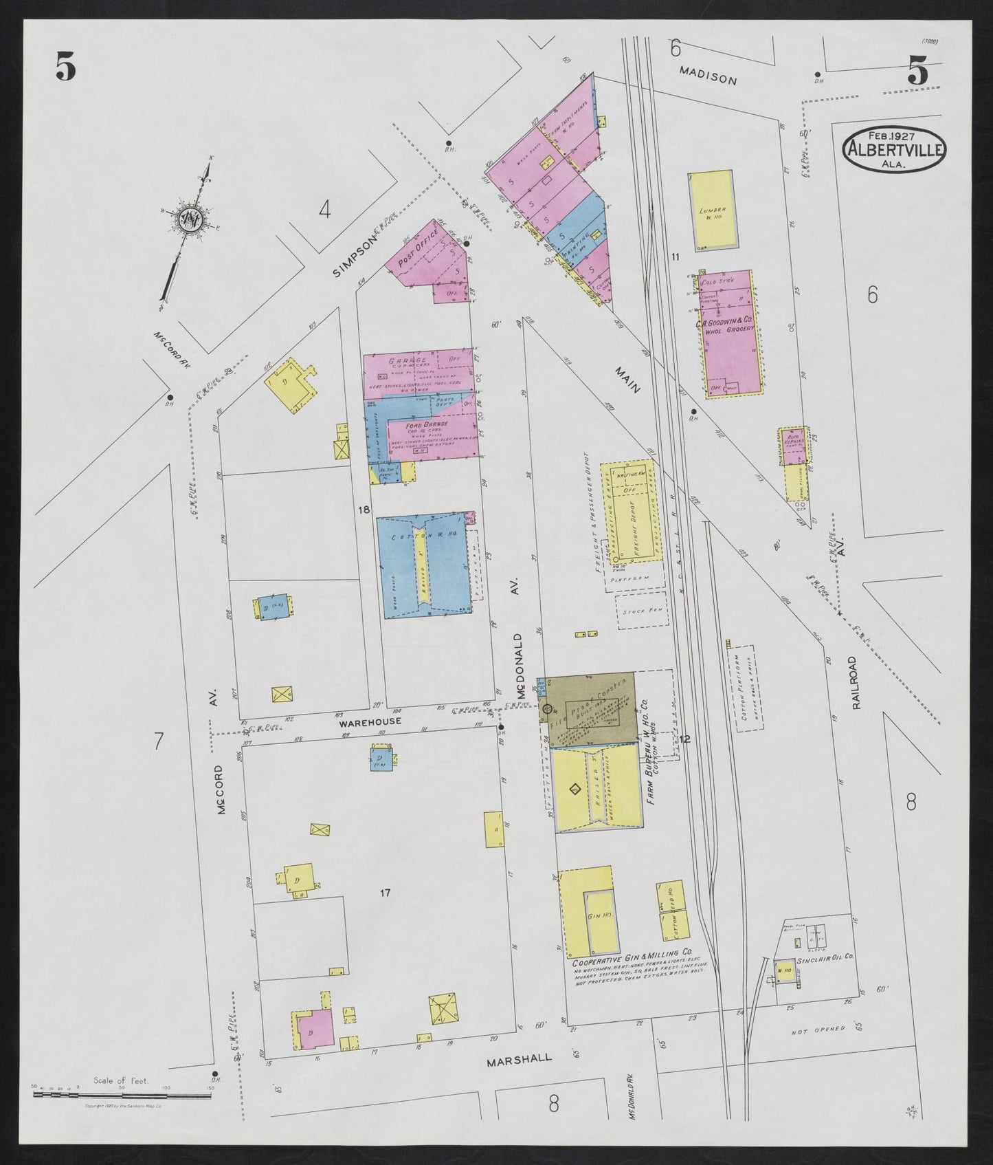Sanborn Fire Insurance Map from Albertville, Marshall County, Alabama (1927), Sheet #0005 - Complete Map Set gallery image, historic Sanborn map, vintage wall art, Alabama Alabama