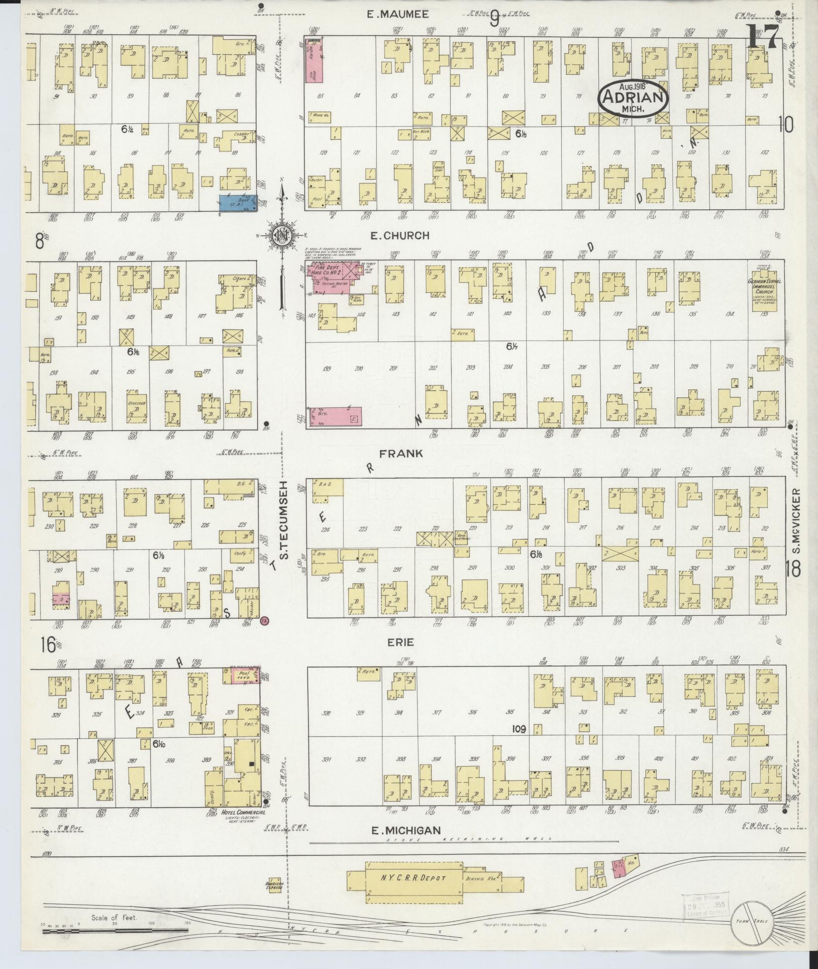 Sanborn Fire Insurance Map from Adrian, Lenawee County, Michigan (1916), Sheet #0017 - Historic Sanborn Fire Insurance Map Print, vintage old map wall art, antique decor, genealogy gift, Michigan Michigan map