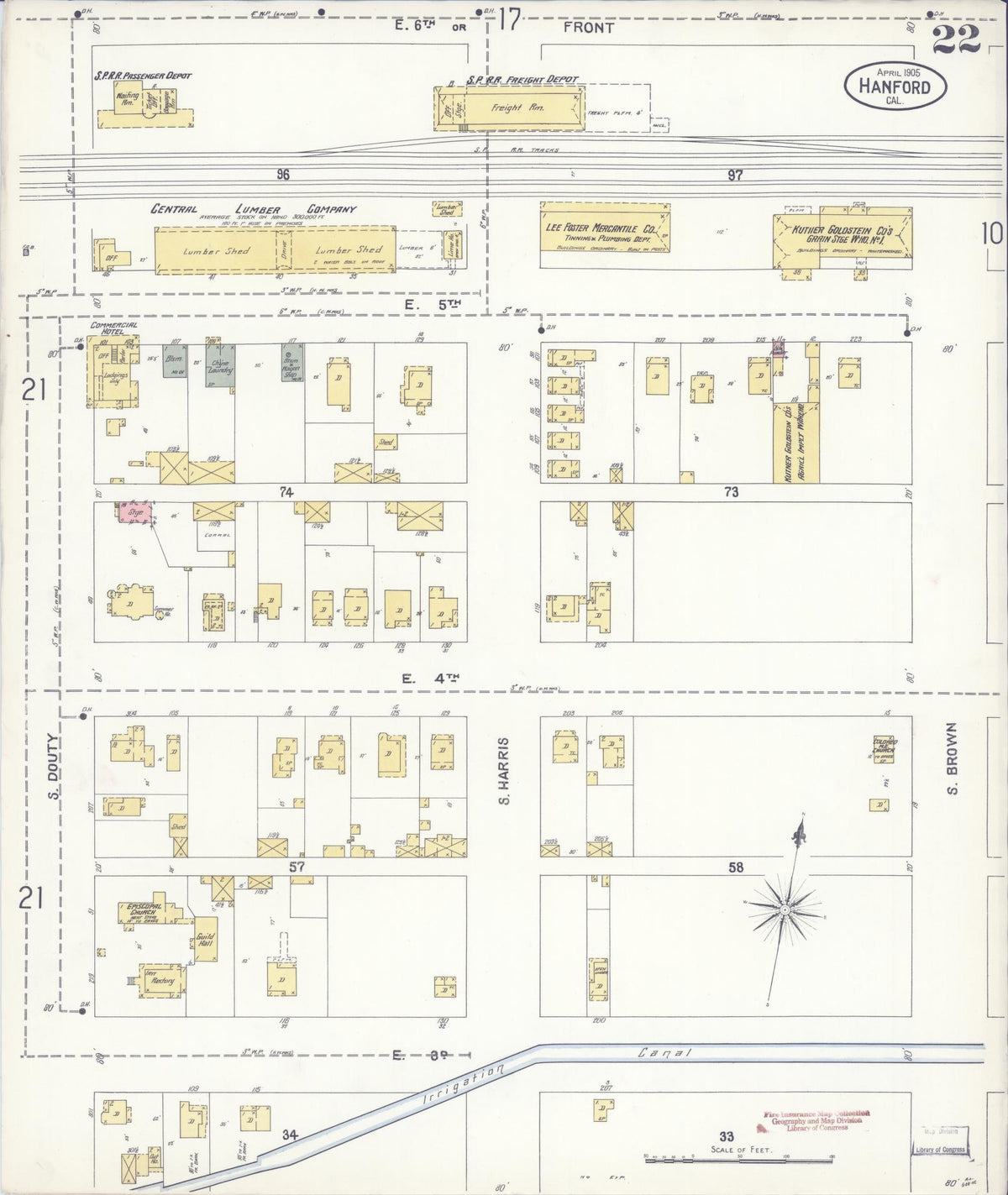 Sanborn Fire Insurance Map from Hanford, Kings County, California (1905), Sheet #0022 - Complete Map Set gallery image, historic Sanborn map, vintage wall art, California California
