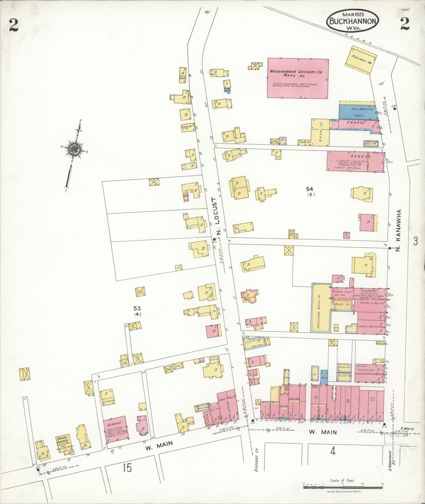 Sanborn Fire Insurance Map from Buckhannon, Upshur County, West Virginia (1923), Sheet #0002 - Historic Sanborn Fire Insurance Map Print, vintage old map wall art, antique decor, genealogy gift, West Virginia West Virginia map