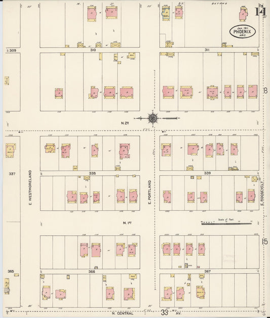 Sanborn Fire Insurance Map from Phoenix, Maricopa County, Arizona (1911), Sheet #0014 - Historic Sanborn Fire Insurance Map Print, vintage old map wall art, antique decor, genealogy gift, Arizona Arizona map
