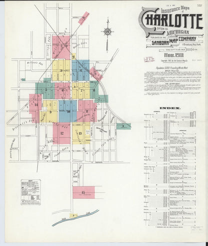 Sanborn Fire Insurance Map from Charlotte, Eaton County, Michigan (1911), Sheet #0001 - Historic Sanborn Fire Insurance Map Print, vintage old map wall art, antique decor, genealogy gift, Michigan Michigan map