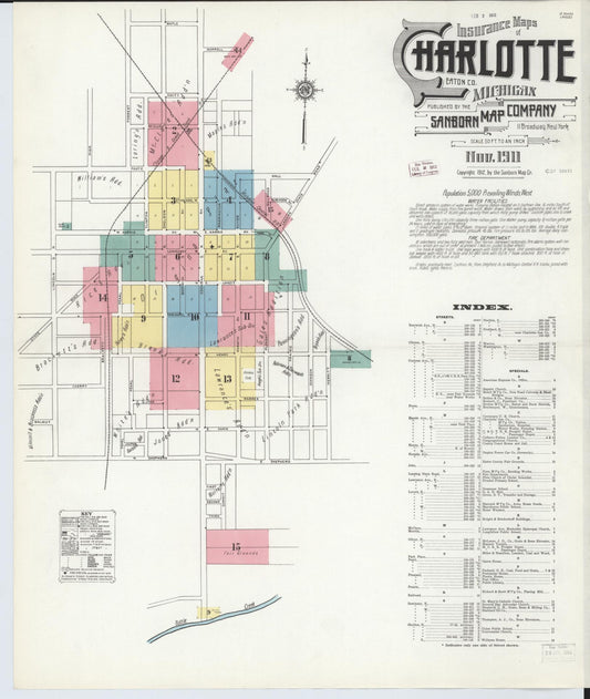 Sanborn Fire Insurance Map from Charlotte, Eaton County, Michigan (1911), Sheet #0001 - Historic Sanborn Fire Insurance Map Print, vintage old map wall art, antique decor, genealogy gift, Michigan Michigan map