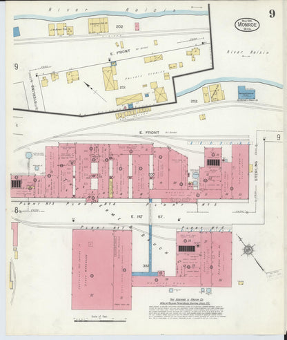Sanborn Fire Insurance Map from Monroe, Monroe County, Michigan (1916), Sheet #0009 - Historic Sanborn Fire Insurance Map Print, vintage old map wall art, antique decor, genealogy gift, Michigan Michigan map