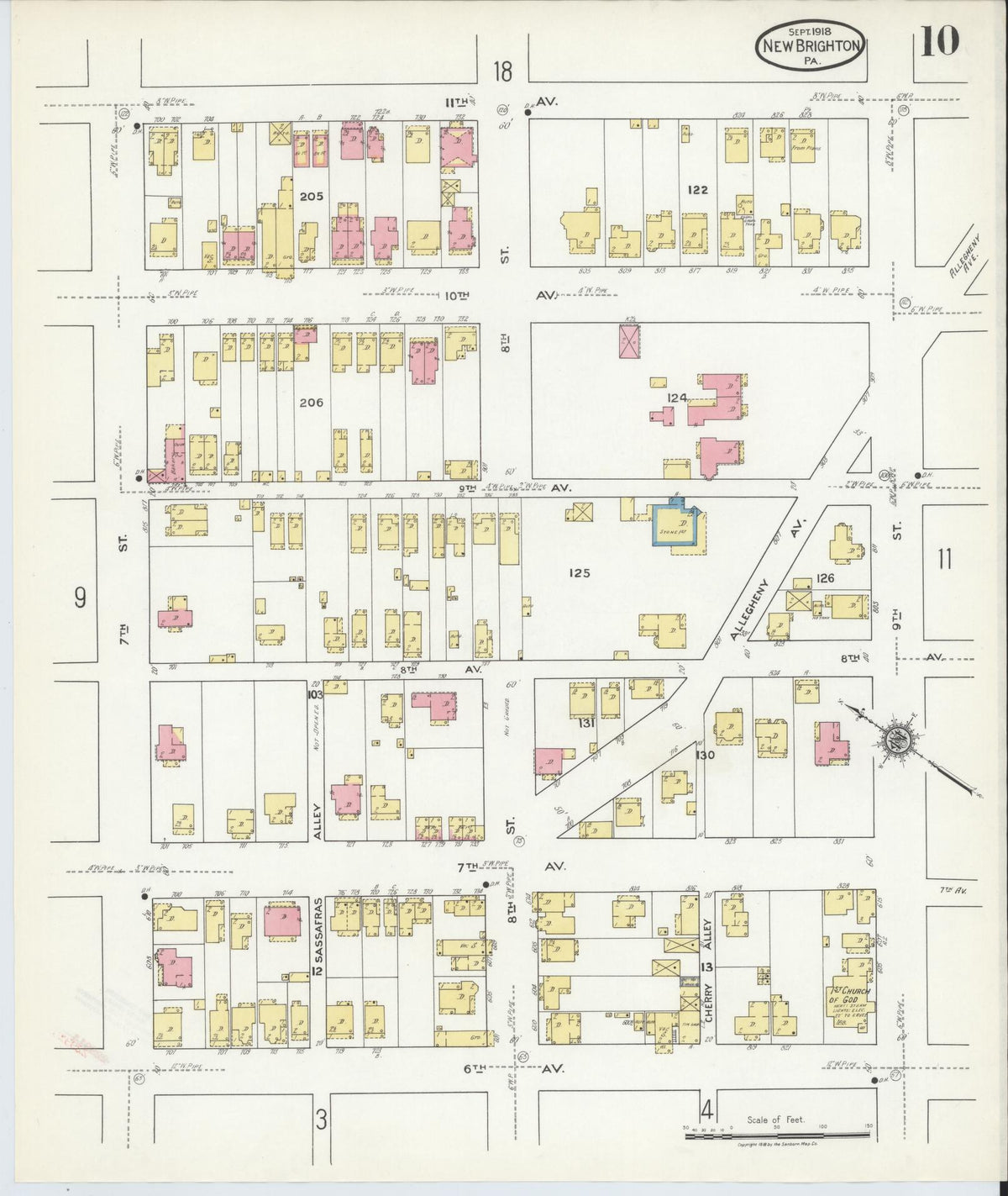 Sanborn Fire Insurance Map from New Brighton, Beaver County, Pennsylvania (1918), Sheet #0010 - Historic Sanborn Fire Insurance Map Print, vintage old map wall art, antique decor, genealogy gift, Pennsylvania Pennsylvania map