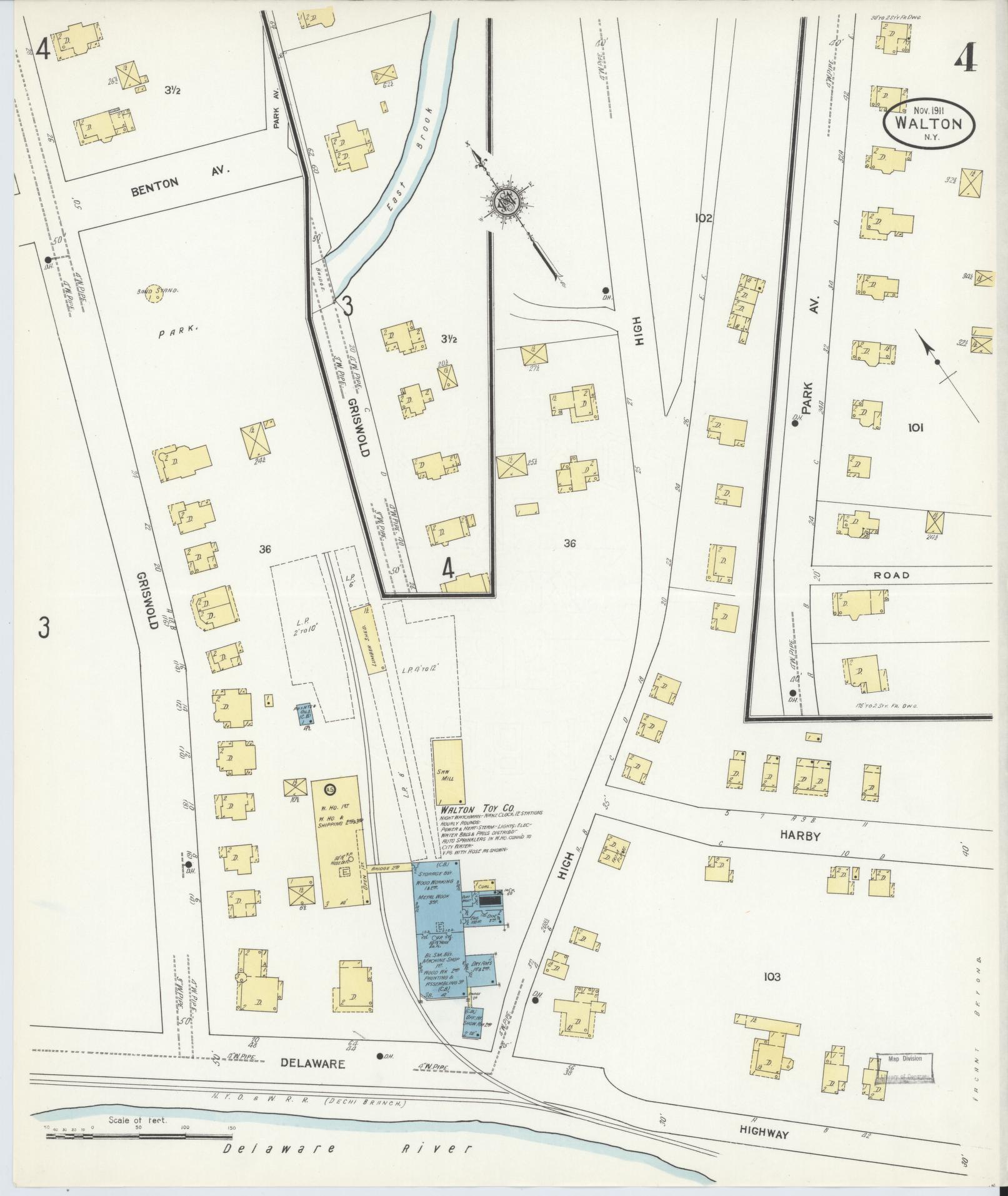 Sanborn Fire Insurance Map from Walton, Delaware County, New York (1911), Sheet #0004 - Complete Map Set gallery image, historic Sanborn map, vintage wall art, Walton Delaware