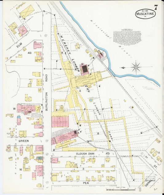 Sanborn Fire Insurance Map from Muscatine, Musactine County, Iowa (1892), Sheet #0007 - Historic Sanborn Fire Insurance Map Print, vintage old map wall art