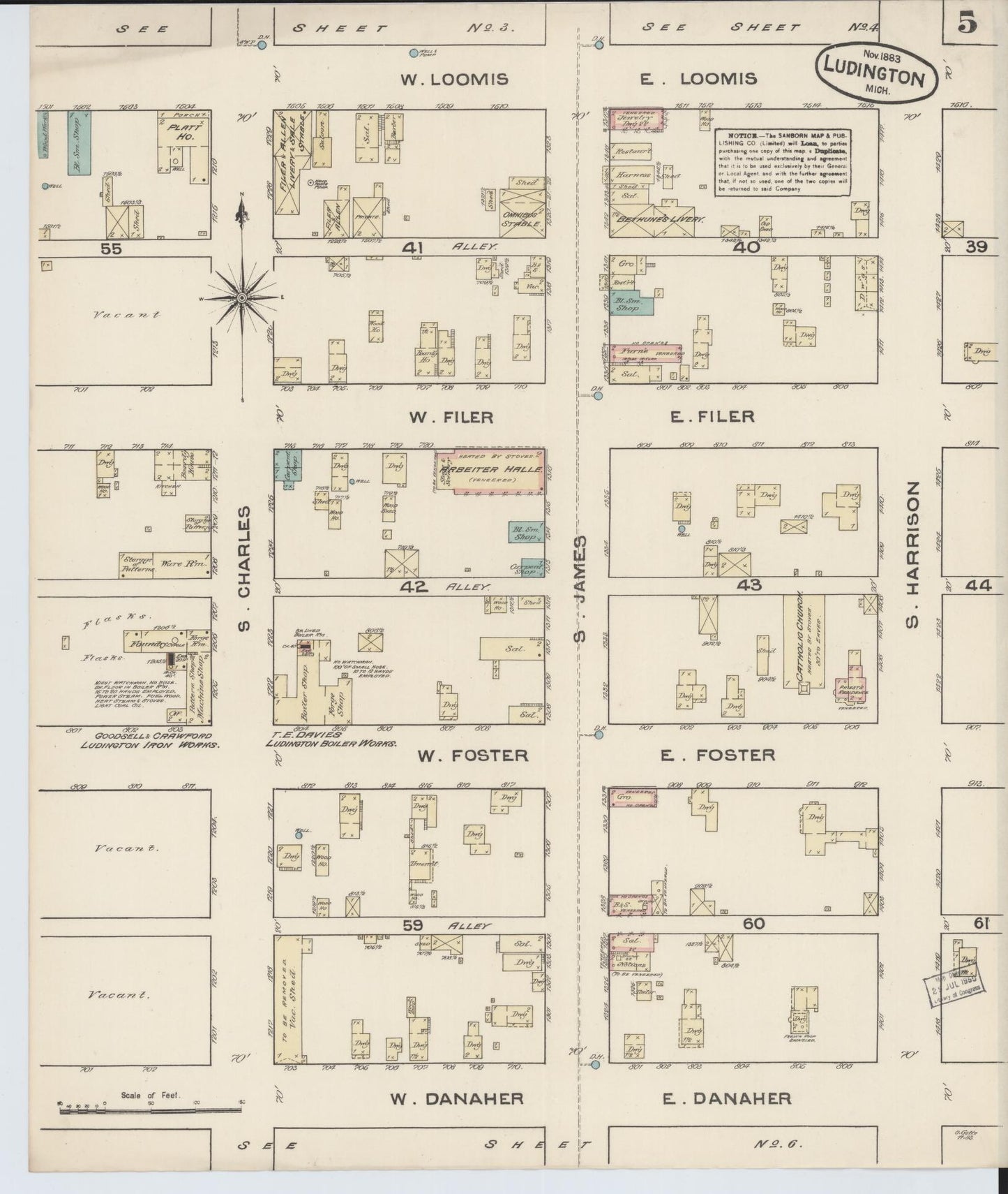 Sanborn Fire Insurance Map from Ludington, Mason County, Michigan (1883), Sheet #0005 - Complete Map Set gallery image, historic Sanborn map, vintage wall art, Michigan Michigan