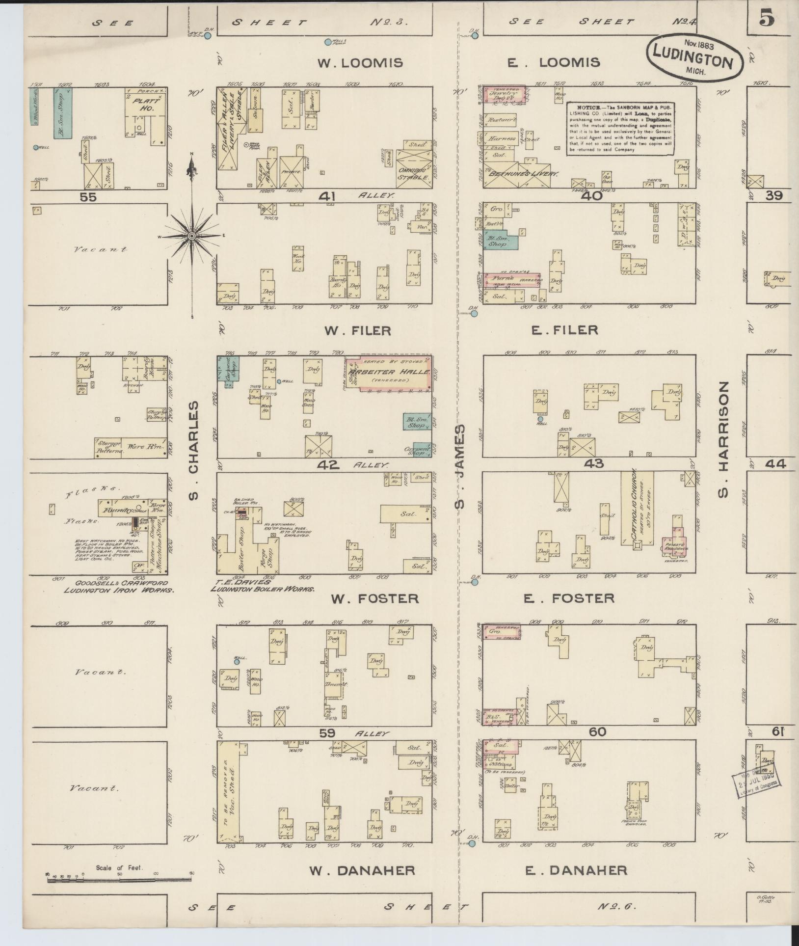 Sanborn Fire Insurance Map from Ludington, Mason County, Michigan (1883), Sheet #0005 - Complete Map Set gallery image, historic Sanborn map, vintage wall art, Michigan Michigan