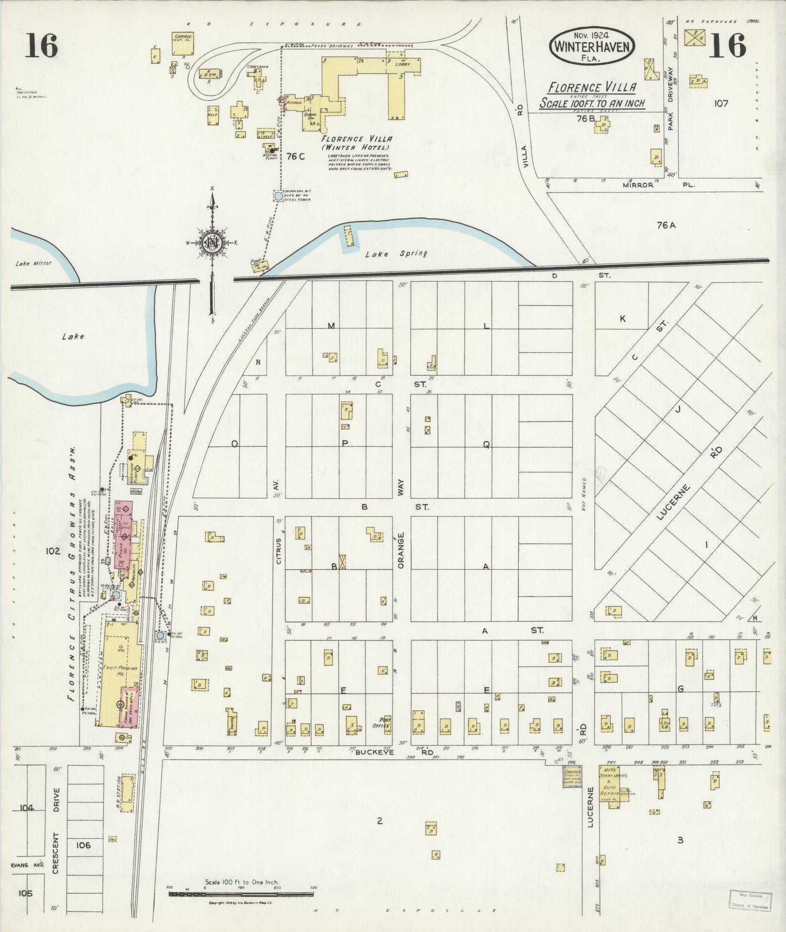 Sanborn Fire Insurance Map from Winter Haven, Polk County, Florida (1924), Sheet #0016 - Complete Map Set gallery image, historic Sanborn map, vintage wall art, Florida Florida