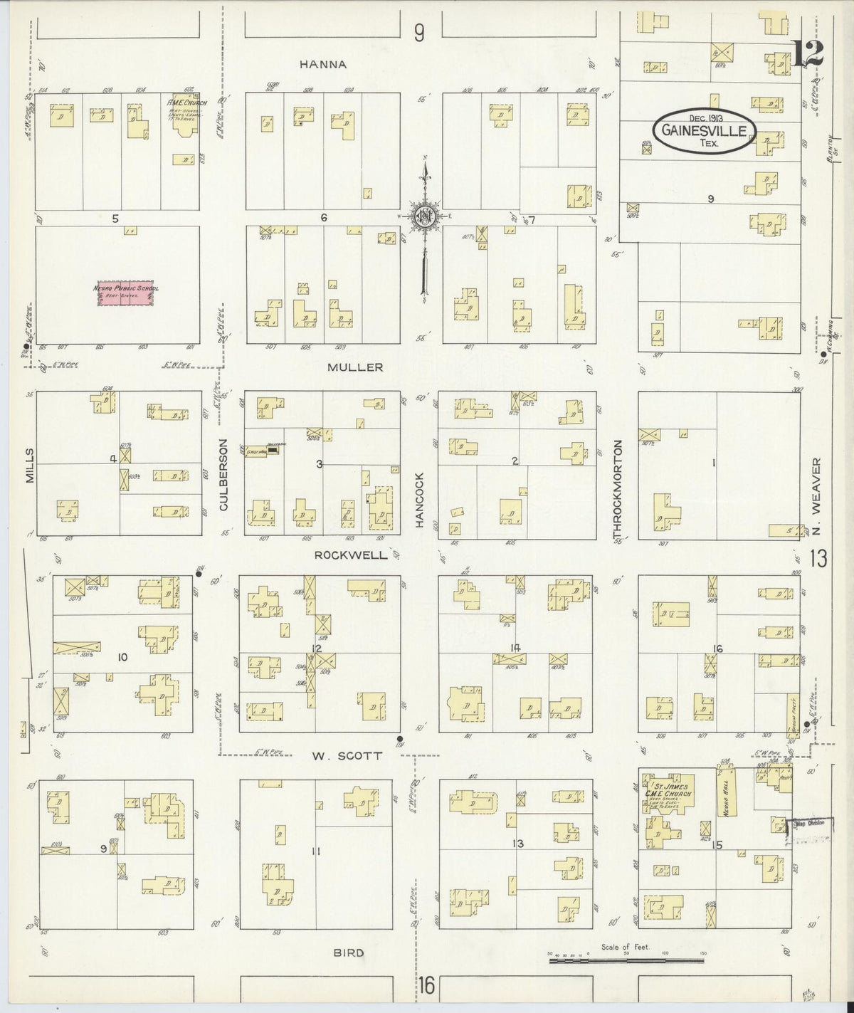 Sanborn Fire Insurance Map from Gainesville, Cooke County, Texas (1913), Sheet #0012 - Historic Sanborn Fire Insurance Map Print, vintage old map wall art, antique decor, genealogy gift, Texas Texas map