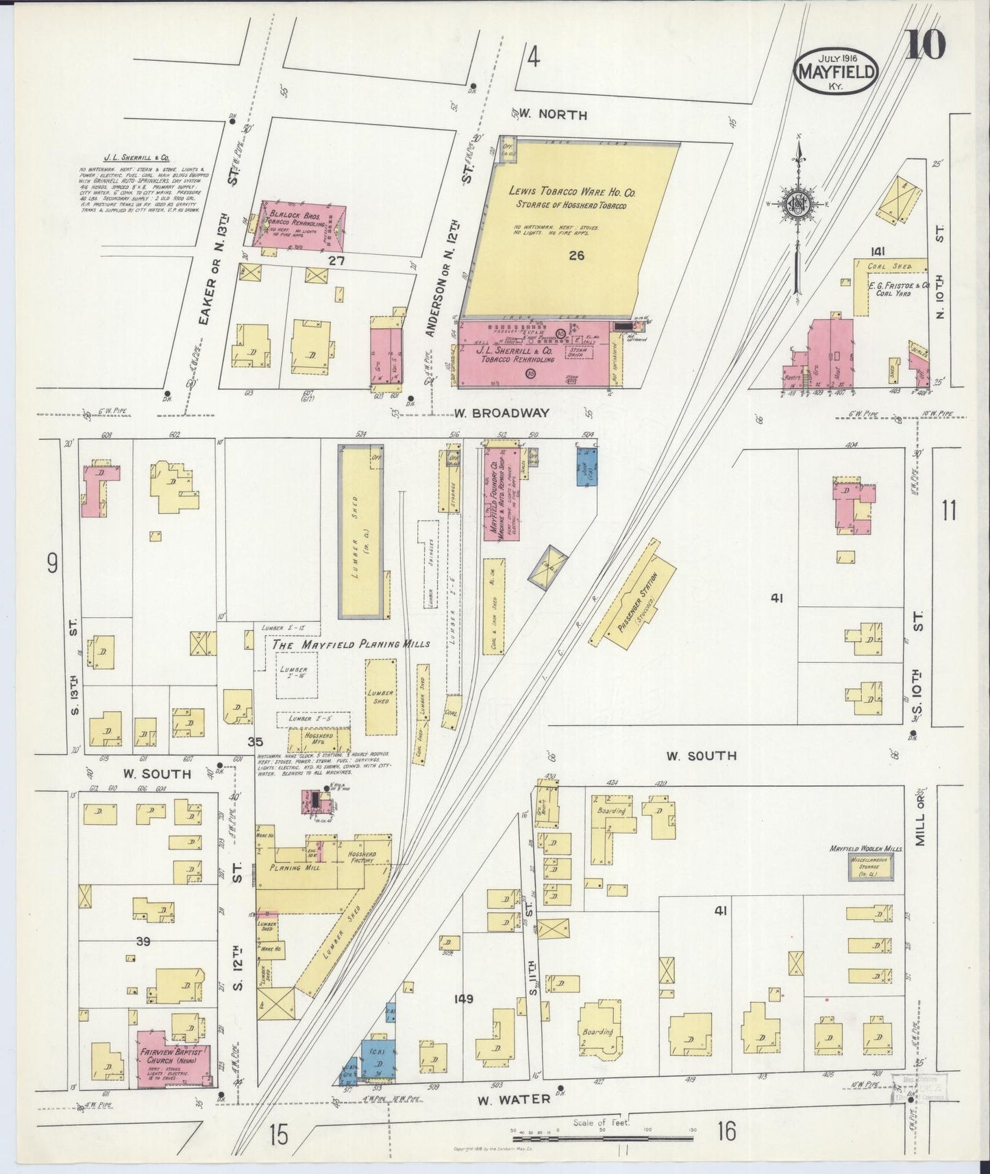 Sanborn Fire Insurance Map from Mayfield, Graves County, Kentucky (1916), Sheet #0010 - Historic Sanborn Fire Insurance Map Print, vintage old map wall art, antique decor, genealogy gift, Kentucky Kentucky map