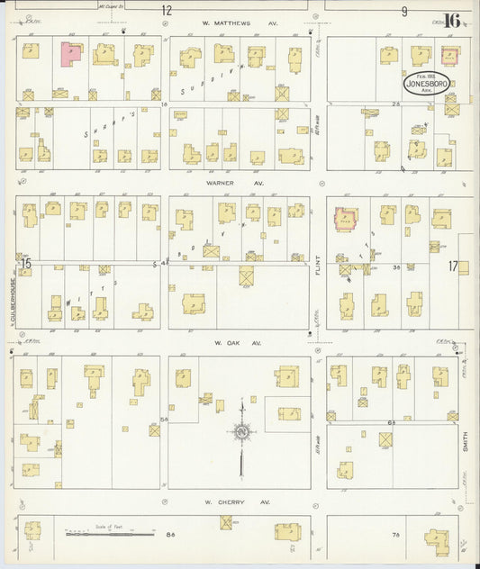 Sanborn Fire Insurance Map from Jonesboro, Craighead County, Arkansas (1913), Sheet #0016 - Historic Sanborn Fire Insurance Map Print, vintage old map wall art, antique decor, genealogy gift, Arkansas Arkansas map
