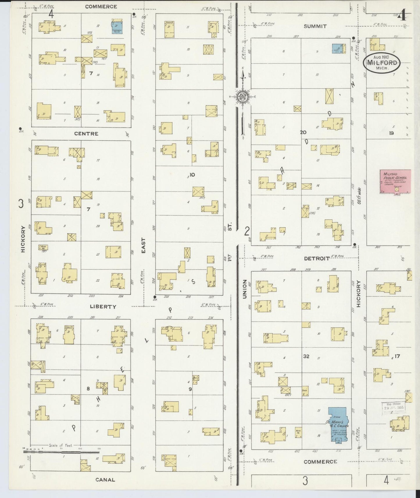 Sanborn Fire Insurance Map from Milford, Oakland County, Michigan (1910), Sheet #0004 - Complete Map Set gallery image, historic Sanborn map, vintage wall art, Michigan Michigan