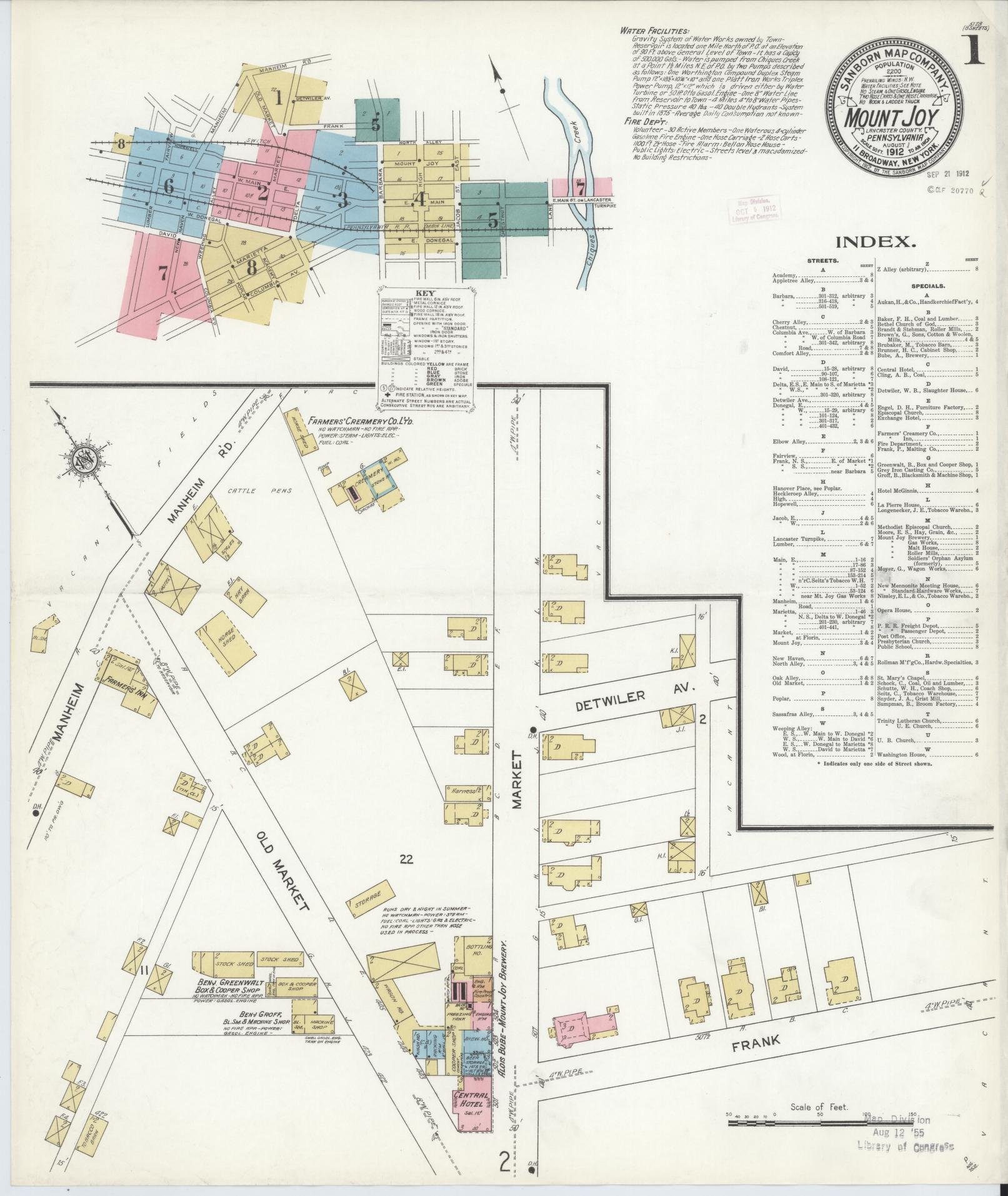 Sanborn Fire Insurance Map from Mount Joy, Lancaster County, Pennsylvania (1912), Sheet #0001 - Historic Sanborn Fire Insurance Map Print, vintage old map wall art, antique decor, genealogy gift, Pennsylvania Pennsylvania map