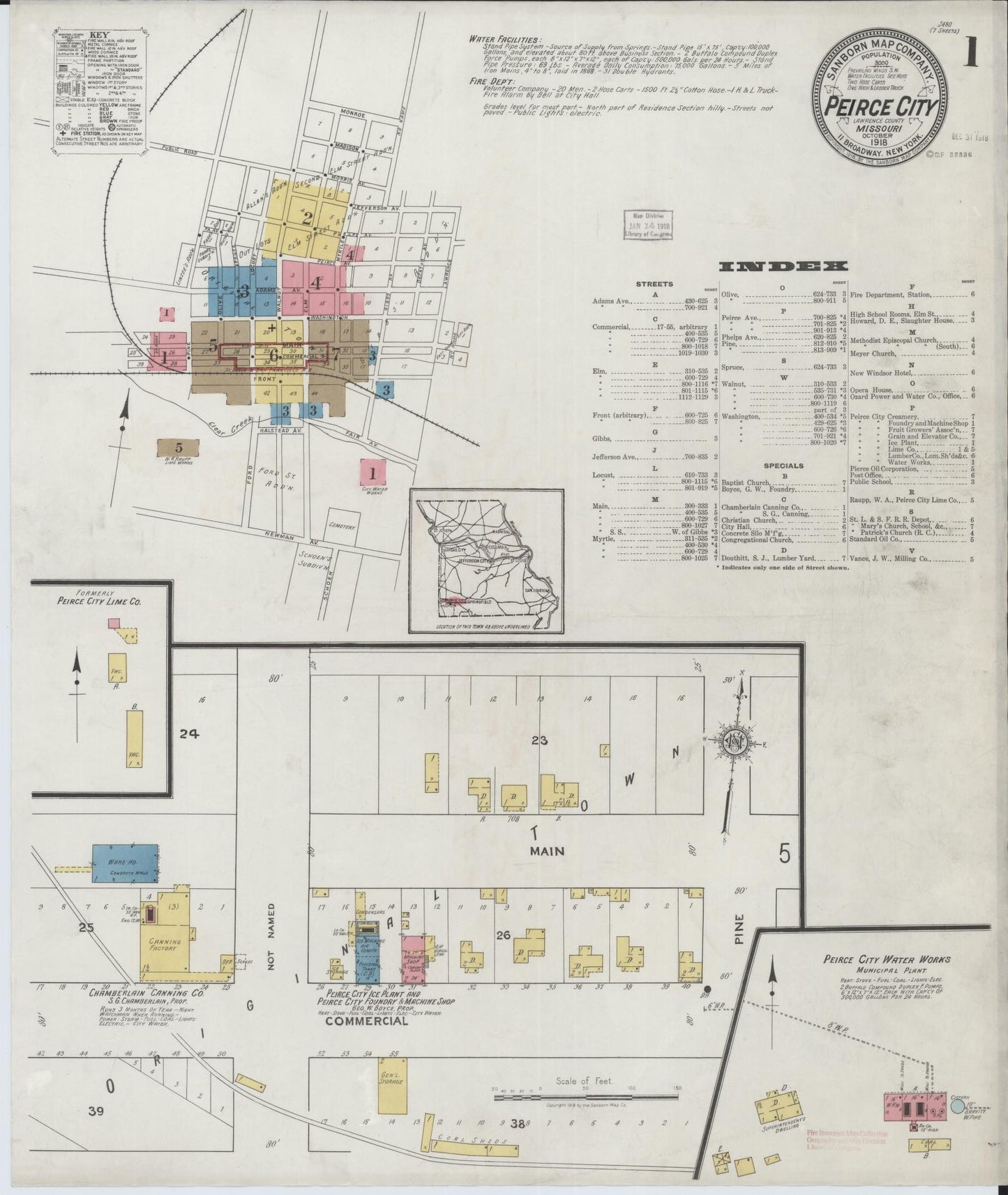 Sanborn Fire Insurance Map from Pierce City, Lawrence County, Missouri (1918), Sheet #0001 - Complete Map Set gallery image, historic Sanborn map, vintage wall art, Missouri Missouri