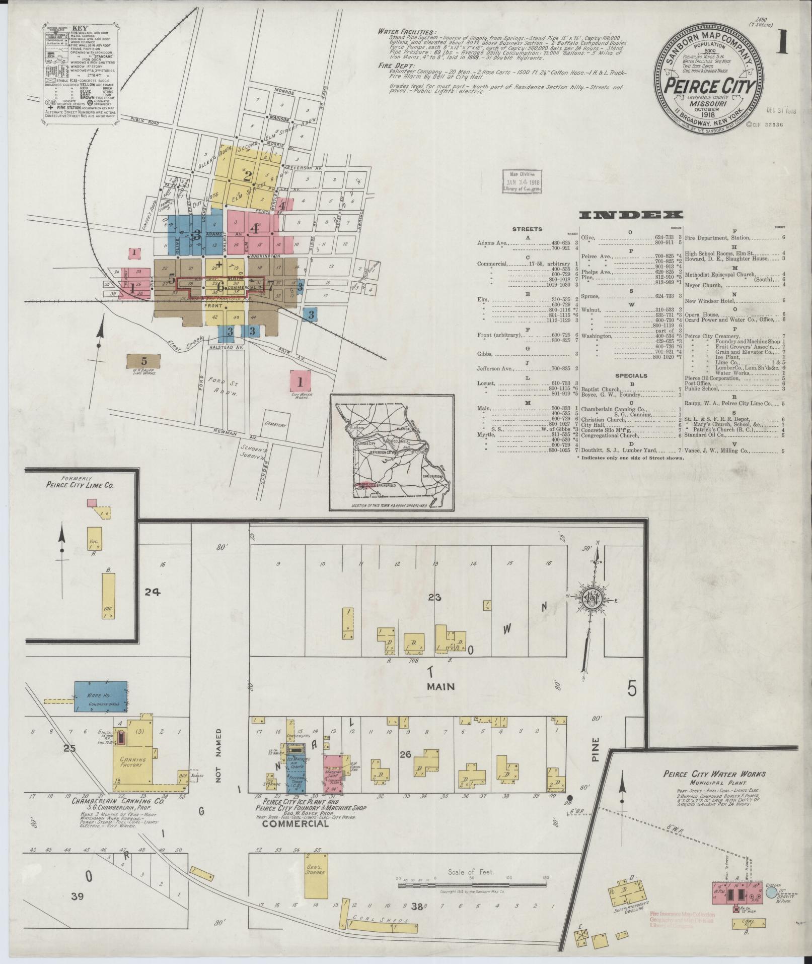 Sanborn Fire Insurance Map from Pierce City, Lawrence County, Missouri (1918), Sheet #0001 - Complete Map Set gallery image, historic Sanborn map, vintage wall art, Missouri Missouri