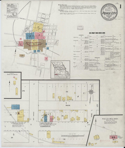 Sanborn Fire Insurance Map from Pierce City, Lawrence County, Missouri (1918), Sheet #0001 - Complete Map Set gallery image, historic Sanborn map, vintage wall art, Missouri Missouri