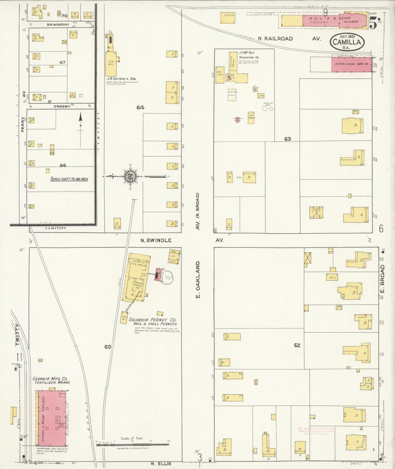 Sanborn Fire Insurance Map from Camilla, Mitchell County, Georgia (1921), Sheet #0005 - Complete Map Set gallery image, historic Sanborn map, vintage wall art, Georgia Georgia