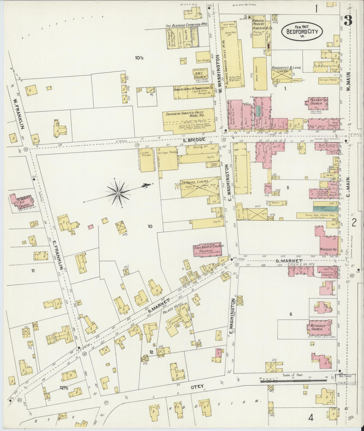 Sanborn Fire Insurance Map from Bedford, Independent Cities, Virginia (1907), Sheet #0003 - Complete Map Set gallery image, historic Sanborn map, vintage wall art, Virginia Virginia