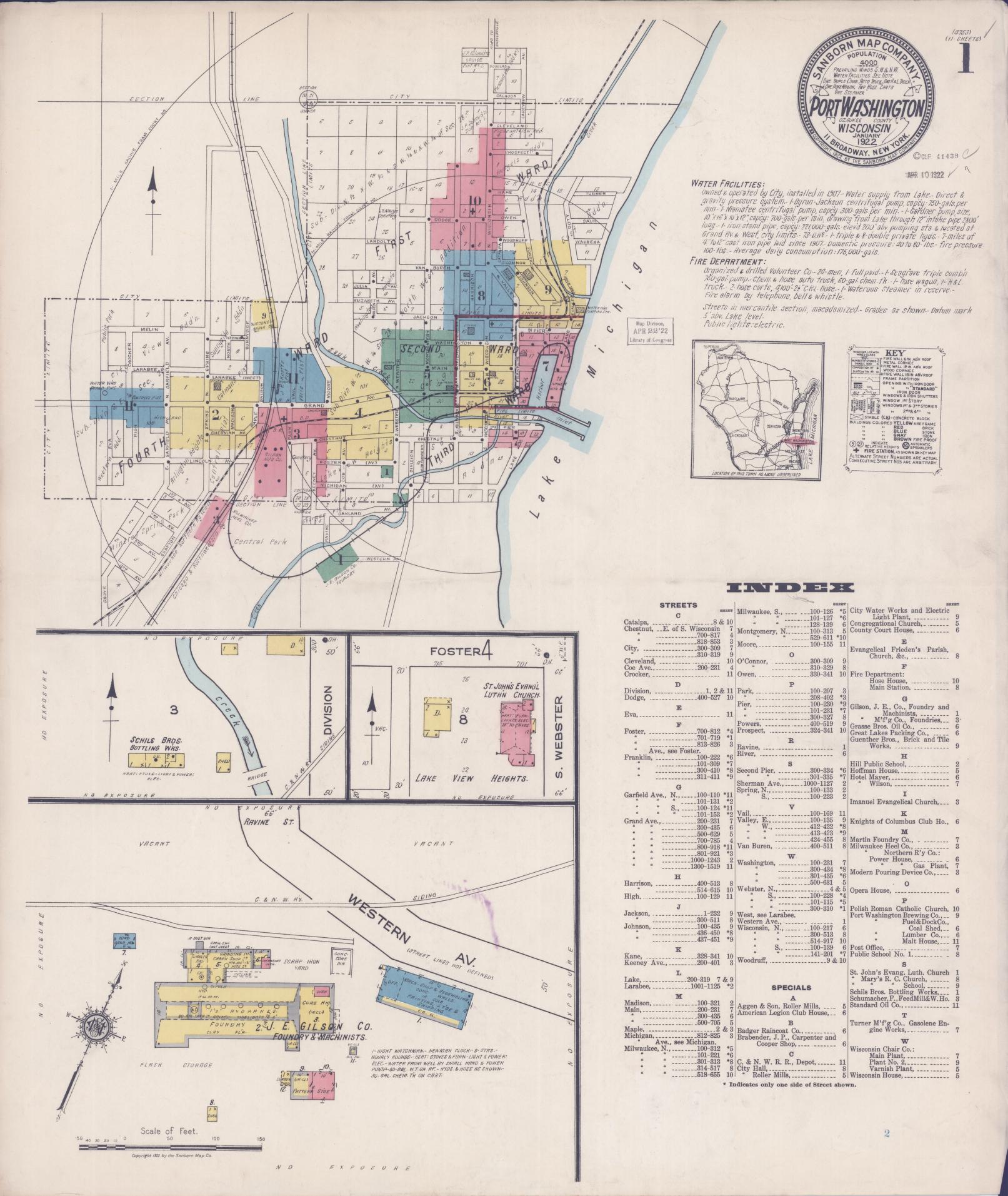 Sanborn Fire Insurance Map from Port Washington, Ozaukee County, Wisconsin (1922), Sheet #0001 - Historic Sanborn Fire Insurance Map Print, vintage old map wall art, antique decor, genealogy gift, Wisconsin Wisconsin map