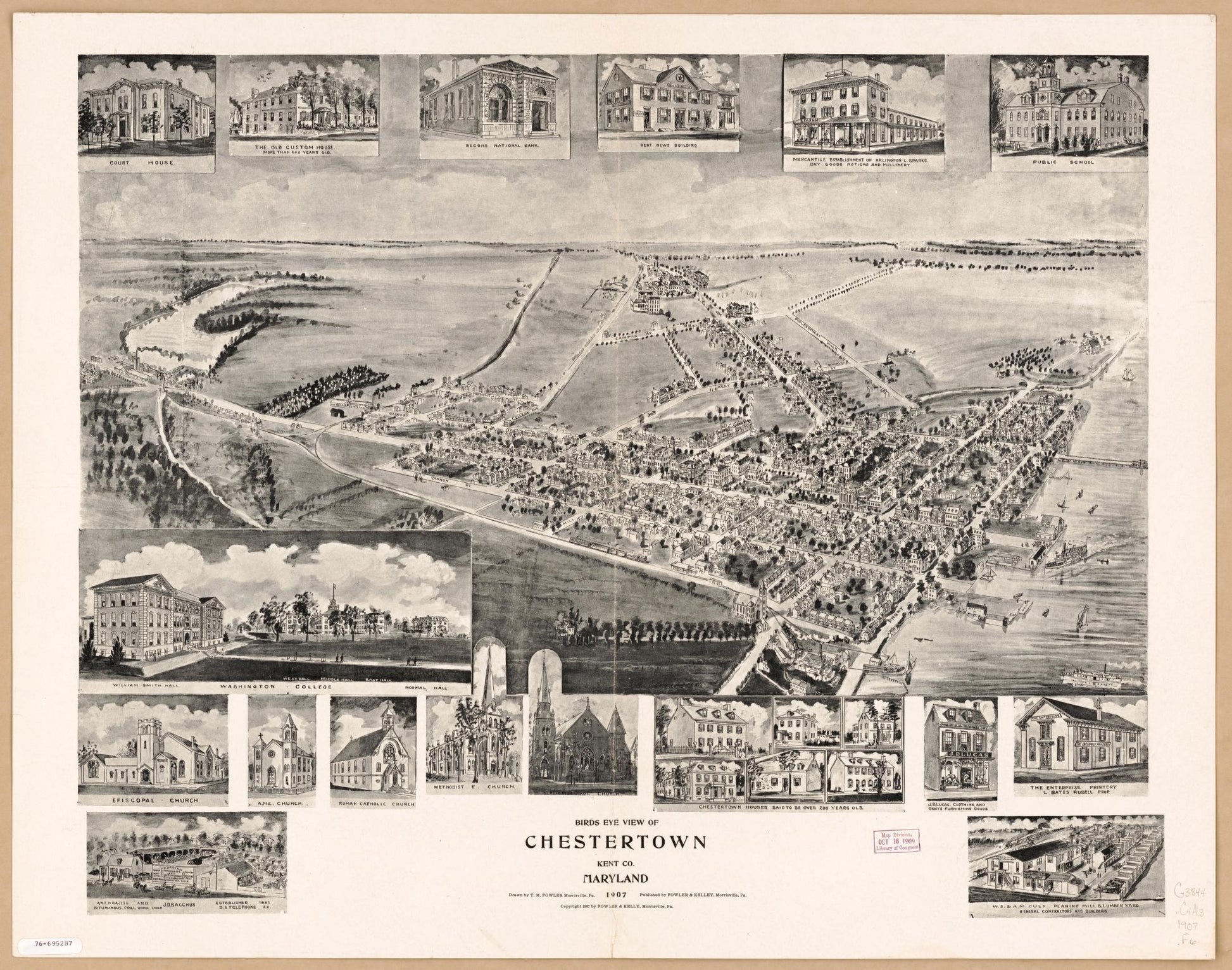 Birds eye view of Chestertown, Kent Co., Maryland 1907. (1907) – Historic Bird’s-Eye View Panorama Print