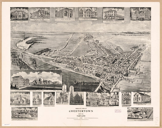 Birds eye view of Chestertown, Kent Co., Maryland 1907. (1907) – Historic Bird’s-Eye View Panorama Print