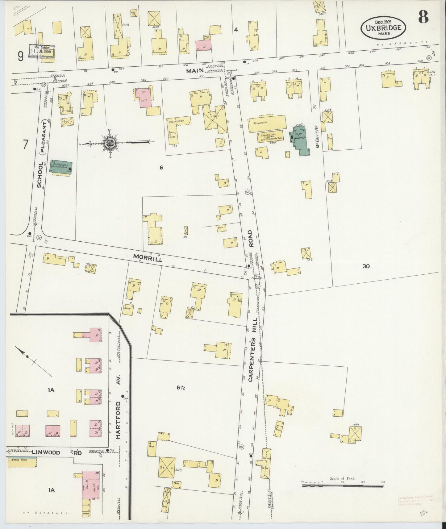 Sanborn Fire Insurance Map from Uxbridge, Worcester County, Massachusetts (1909), Sheet #0008 - Historic Sanborn Fire Insurance Map Print, vintage old map wall art, antique decor, genealogy gift, Massachusetts Massachusetts map