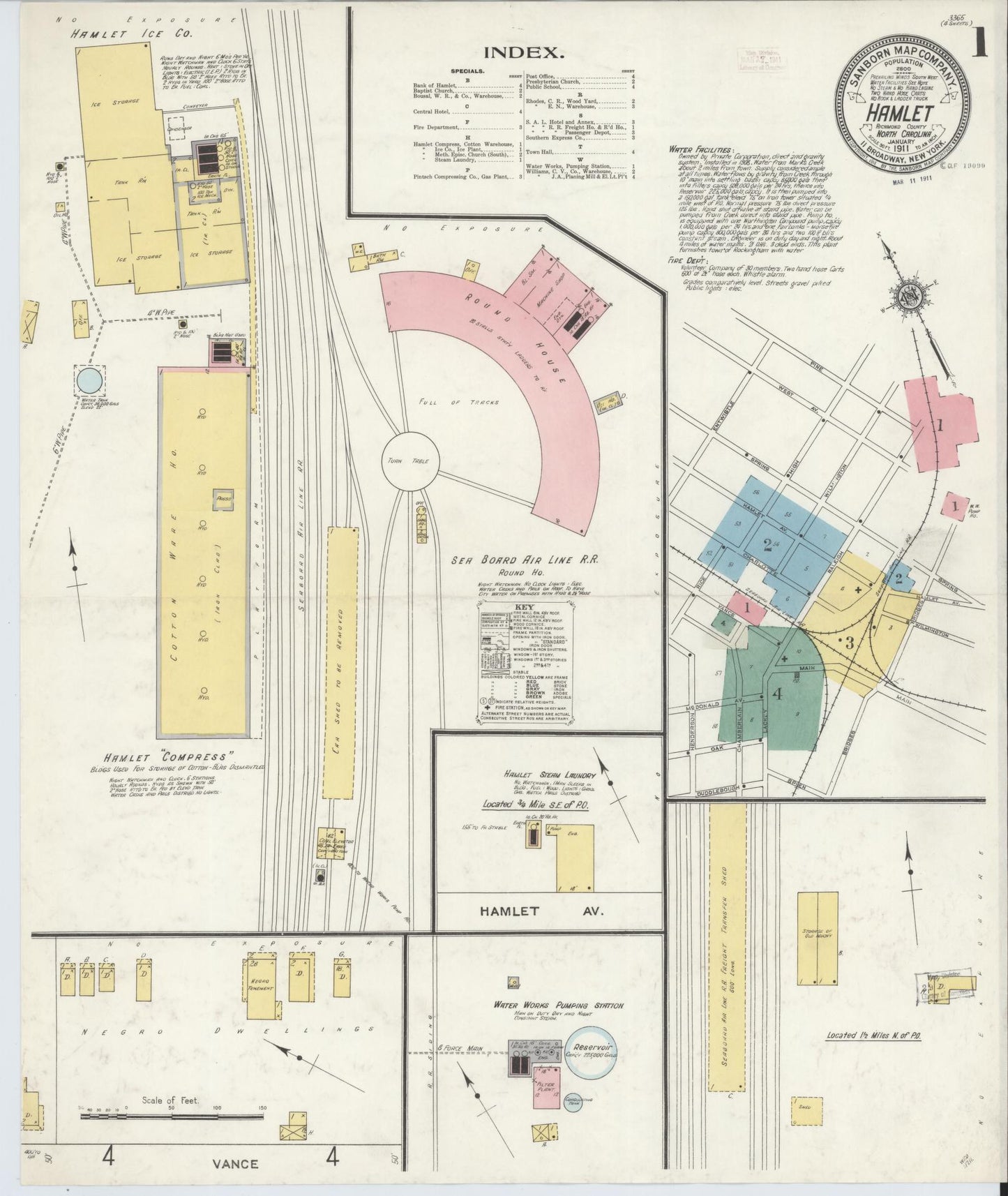 Sanborn Fire Insurance Map from Hamlet, Richmond County, North Carolina (1911), Sheet #0001 - Historic Sanborn Fire Insurance Map Print, vintage old map wall art, antique decor, genealogy gift, North Carolina North Carolina map