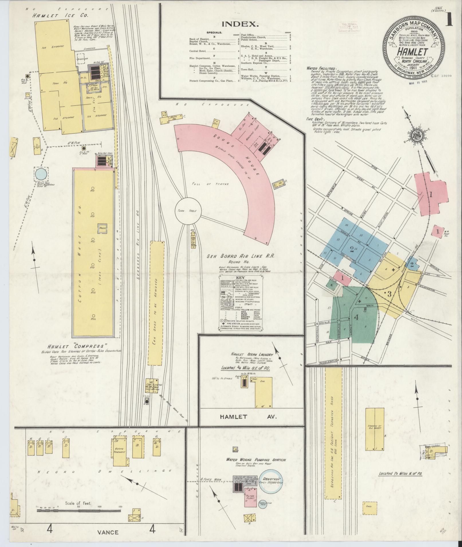 Sanborn Fire Insurance Map from Hamlet, Richmond County, North Carolina (1911), Sheet #0001 - Historic Sanborn Fire Insurance Map Print, vintage old map wall art, antique decor, genealogy gift, North Carolina North Carolina map