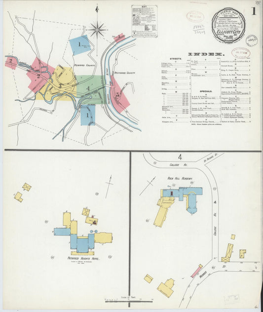 Sanborn Fire Insurance Map from Ellicott City, Howard County, Maryland (1899), Sheet #0001 - Historic Sanborn Fire Insurance Map Print, vintage old map wall art, antique decor, genealogy gift, Maryland Maryland map