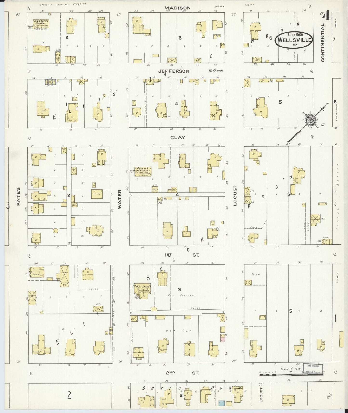 Sanborn Fire Insurance Map from Wellsville, Montgomery County, Missouri (1909), Sheet #0004 - Complete Map Set gallery image, historic Sanborn map, vintage wall art, Missouri Missouri