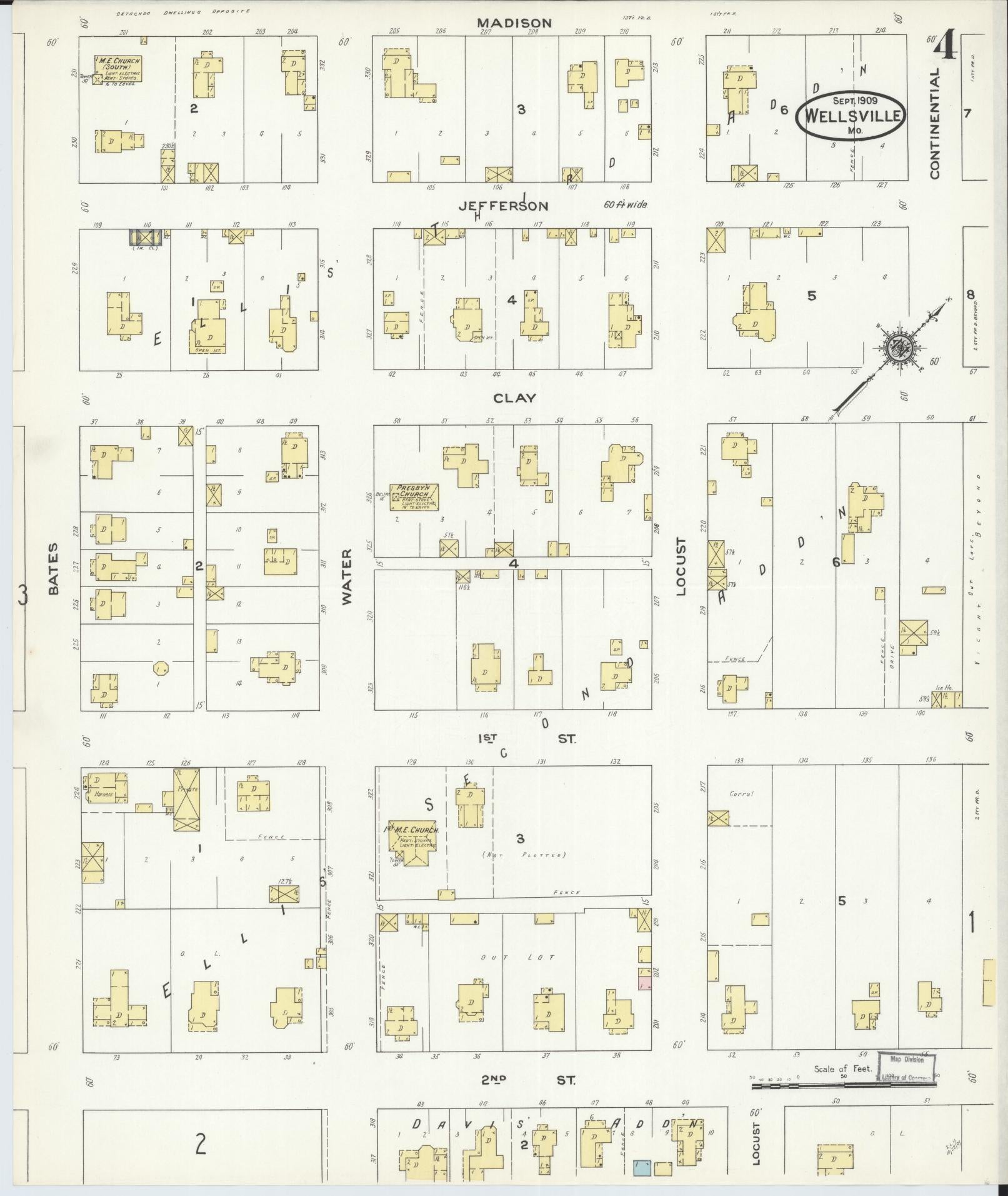 Sanborn Fire Insurance Map from Wellsville, Montgomery County, Missouri (1909), Sheet #0004 - Complete Map Set gallery image, historic Sanborn map, vintage wall art, Missouri Missouri