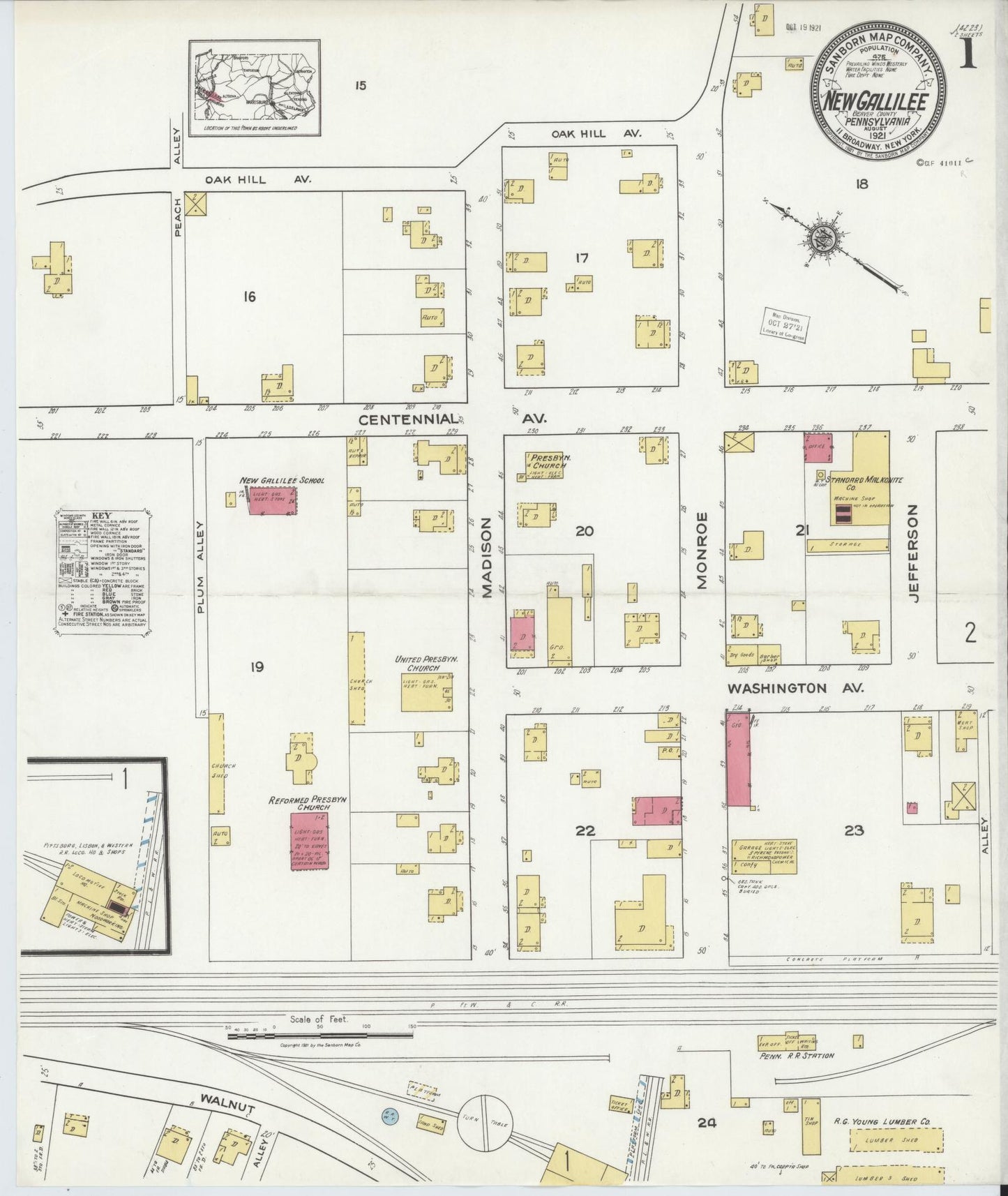 Sanborn Fire Insurance Map from New Gallilee, Beaver County, Pennsylvania (1921), Sheet #0001 - Complete Map Set gallery image, historic Sanborn map, vintage wall art, Pennsylvania Pennsylvania