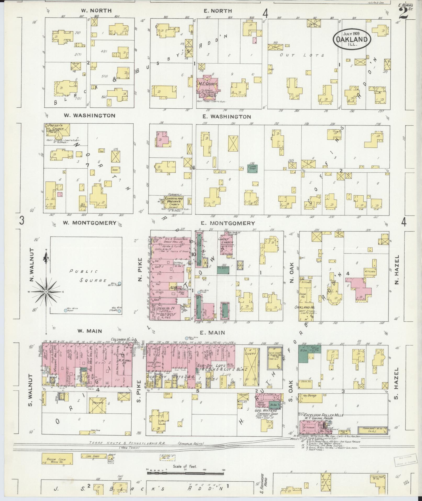 Sanborn Fire Insurance Map from Oakland, Coles County, Illinois (1909), Sheet #0002 - Complete Map Set gallery image, historic Sanborn map, vintage wall art, Illinois Illinois