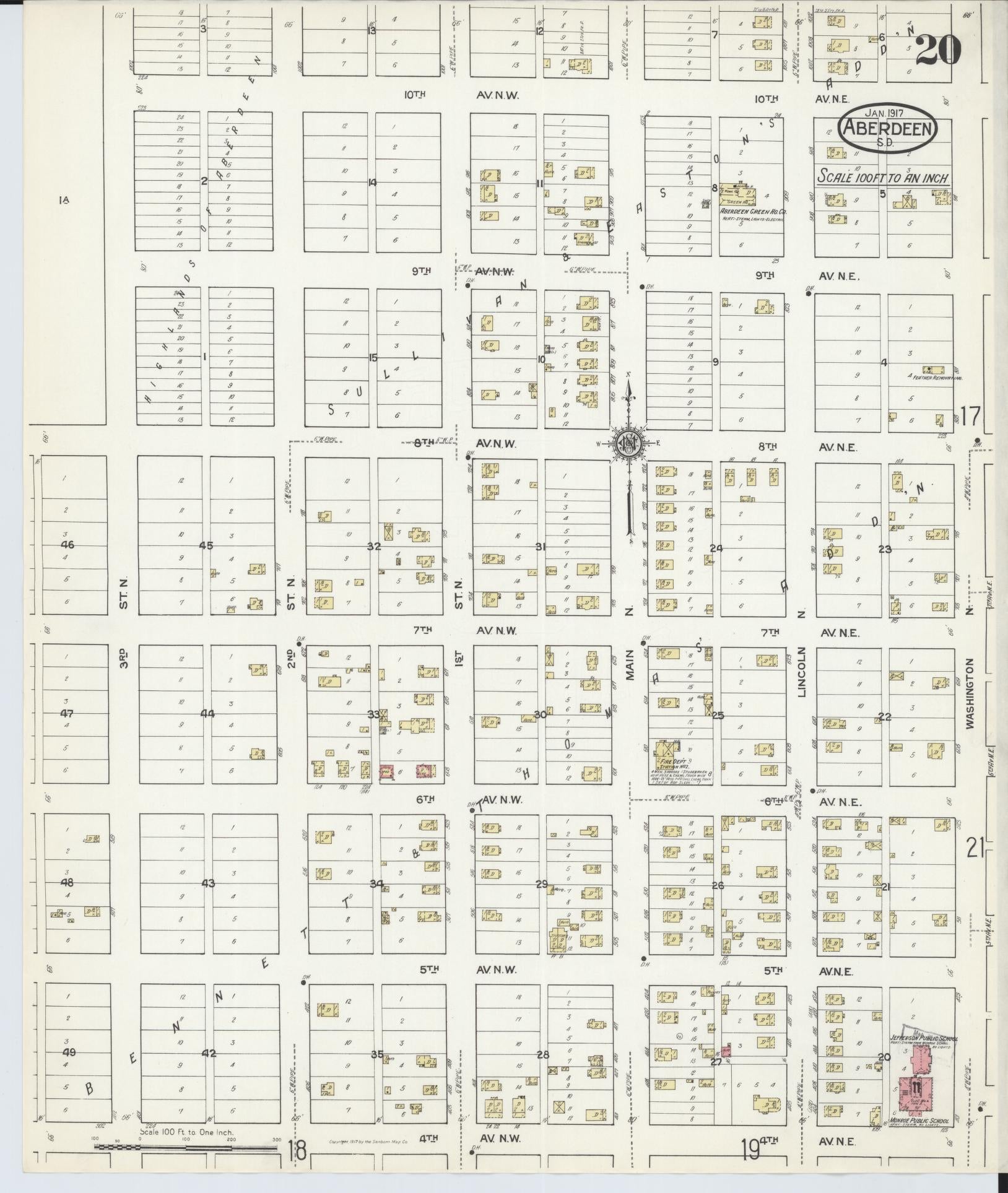 Sanborn Fire Insurance Map from Aberdeen, Brown County, South Dakota (1917), Sheet #0020 - Historic Sanborn Fire Insurance Map Print, vintage old map wall art, antique decor, genealogy gift, South Dakota South Dakota map