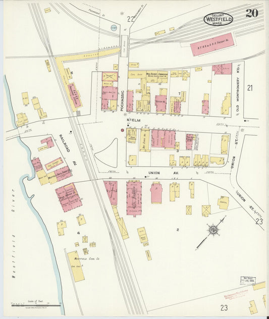 Sanborn Fire Insurance Map from Westfield, Hampden County, Massachusetts (1917), Sheet #0020 - Historic Sanborn Fire Insurance Map Print, vintage old map wall art, antique decor, genealogy gift, Massachusetts Massachusetts map