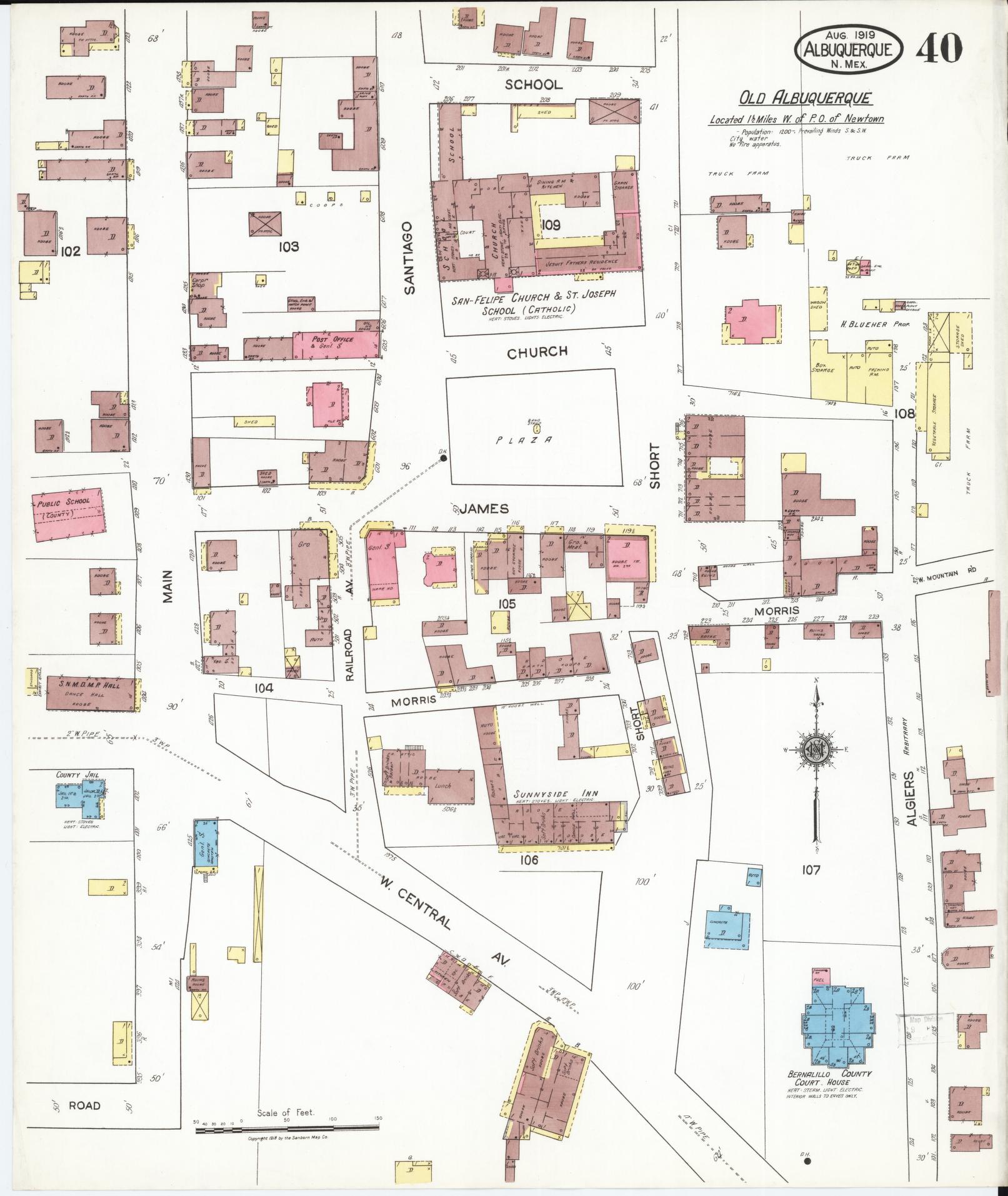 Sanborn Fire Insurance Map from Albuquerque, Bernalillo County, New Mexico (1919), Sheet #0040 - Historic Sanborn Fire Insurance Map Print, vintage old map wall art, antique decor, genealogy gift, New Mexico New Mexico map