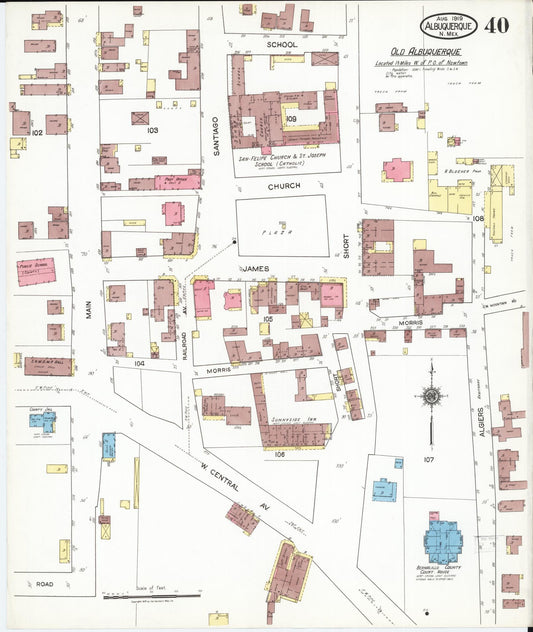Sanborn Fire Insurance Map from Albuquerque, Bernalillo County, New Mexico (1919), Sheet #0040 - Historic Sanborn Fire Insurance Map Print, vintage old map wall art, antique decor, genealogy gift, New Mexico New Mexico map