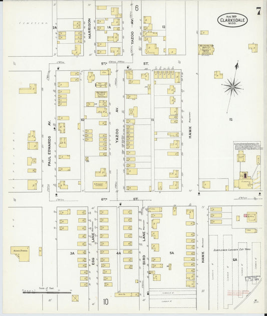 Sanborn Fire Insurance Map from Clarksdale, Coahoma County, Mississippi (1909), Sheet #0007 - Historic Sanborn Fire Insurance Map Print, vintage old map wall art, antique decor, genealogy gift, Mississippi Mississippi map