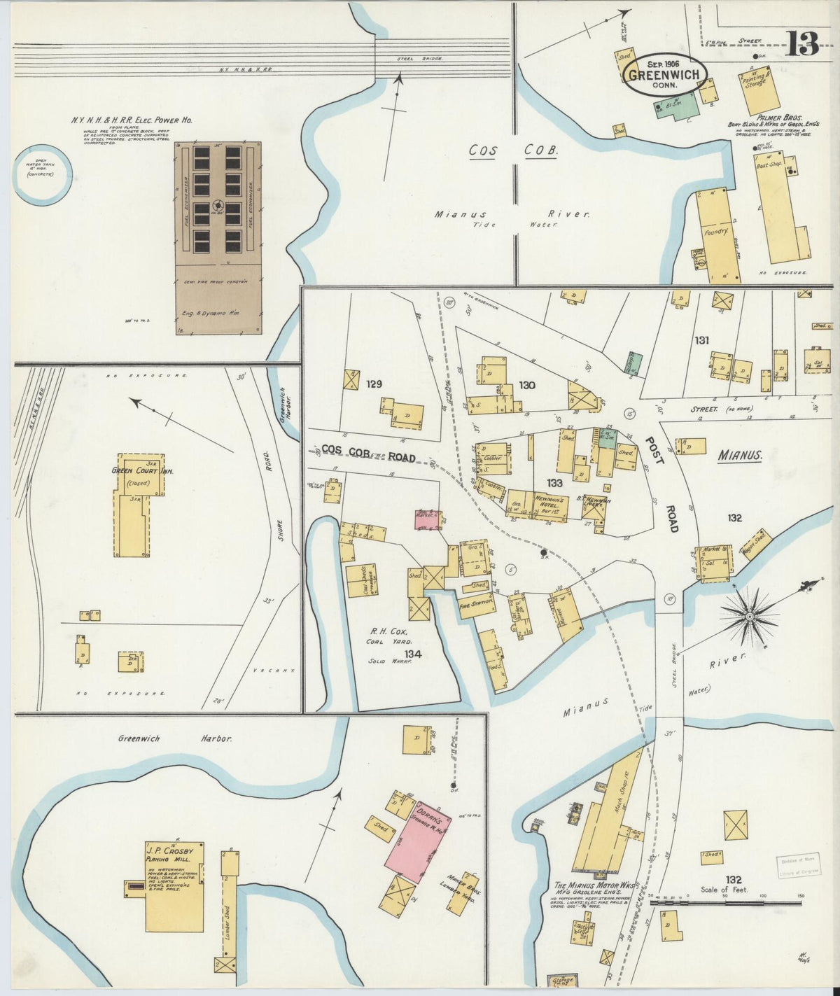 Sanborn Fire Insurance Map from Greenwich, Fairfield County, Connecticut (1906), Sheet #0013 - Historic Sanborn Fire Insurance Map Print, vintage old map wall art, antique decor, genealogy gift, Connecticut Connecticut map