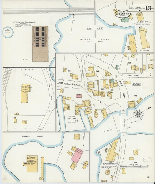 Sanborn Fire Insurance Map from Greenwich, Fairfield County, Connecticut (1906), Sheet #0013 - Historic Sanborn Fire Insurance Map Print, vintage old map wall art, antique decor, genealogy gift, Connecticut Connecticut map