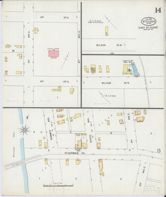 Sanborn Fire Insurance Map from Saint Cloud, Stearns, Benton, and Sherburne Counties, Minnesota (1898), Sheet #0014 - Historic Sanborn Fire Insurance Map Print, vintage old map wall art, antique decor, genealogy gift, Minnesota Minnesota map