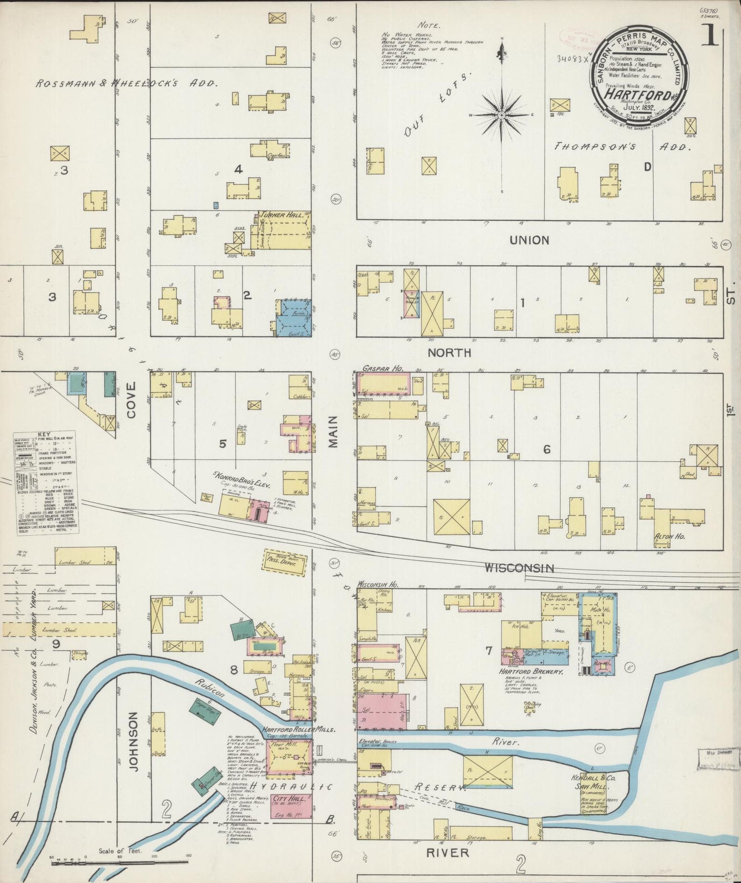 Sanborn Fire Insurance Map from Hartford, Washington County, Wisconsin (1892), Sheet #0001 - Complete Map Set gallery image, historic Sanborn map, vintage wall art, Wisconsin Wisconsin