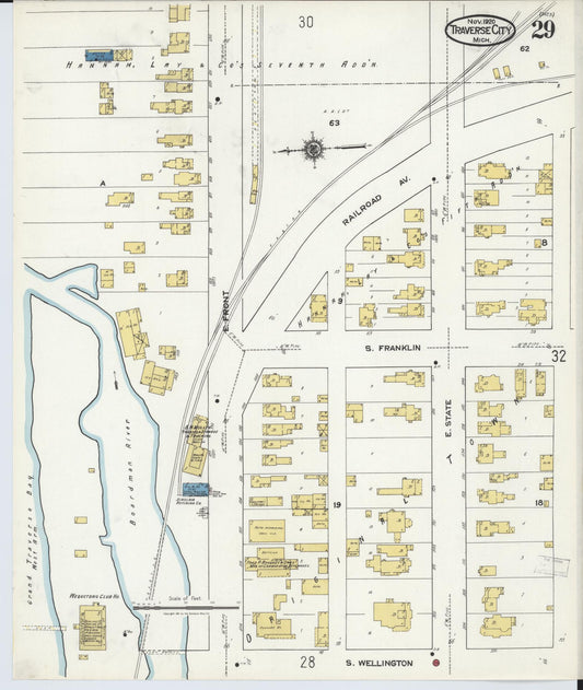 Sanborn Fire Insurance Map from Traverse City, Grand Traverse County, Michigan (1920), Sheet #0029 - Historic Sanborn Fire Insurance Map Print, vintage old map wall art, antique decor, genealogy gift, Michigan Michigan map