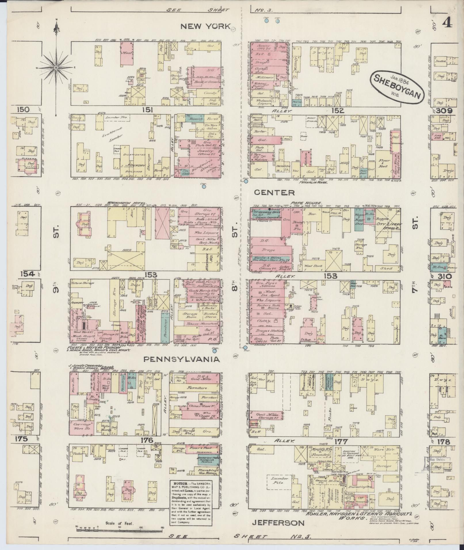 Sanborn Fire Insurance Map from Sheboygan, Sheboygan County, Wisconsin (1884), Sheet #0004 - Historic Sanborn Fire Insurance Map Print, vintage old map wall art, antique decor, genealogy gift, Wisconsin Wisconsin map