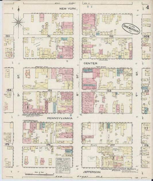 Sanborn Fire Insurance Map from Sheboygan, Sheboygan County, Wisconsin (1884), Sheet #0004 - Historic Sanborn Fire Insurance Map Print, vintage old map wall art, antique decor, genealogy gift, Wisconsin Wisconsin map