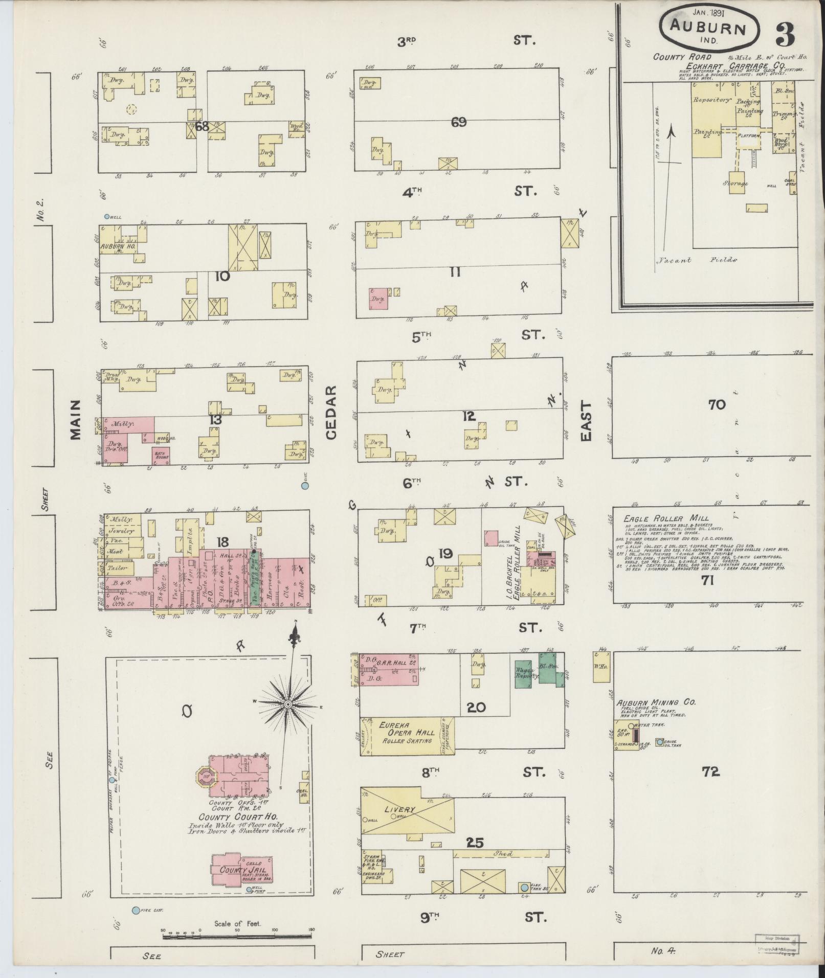 Sanborn Fire Insurance Map from Auburn, De Kalb County, Indiana (1891), Sheet #0003 - Historic Sanborn Fire Insurance Map Print, vintage old map wall art, antique decor, genealogy gift, Indiana Indiana map